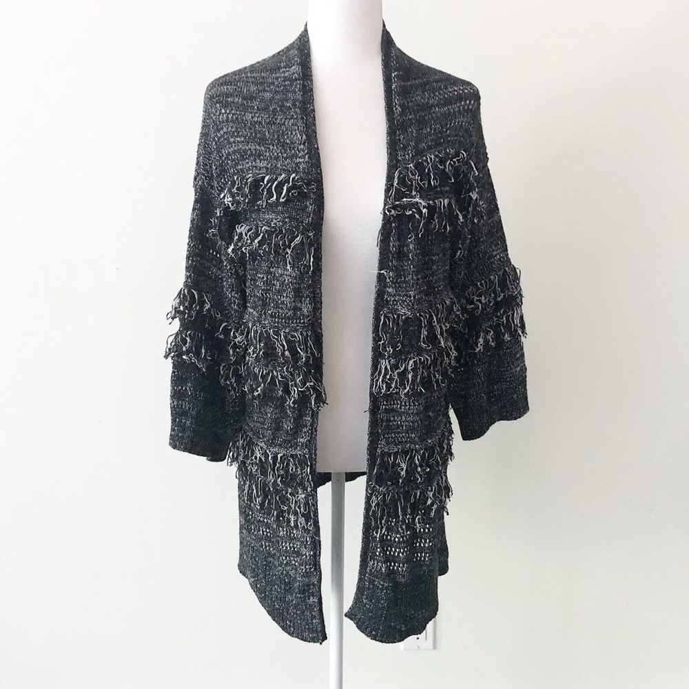 NWOT~Knox Rose | Open Front Marled black & white Knit Fringed Cardigan